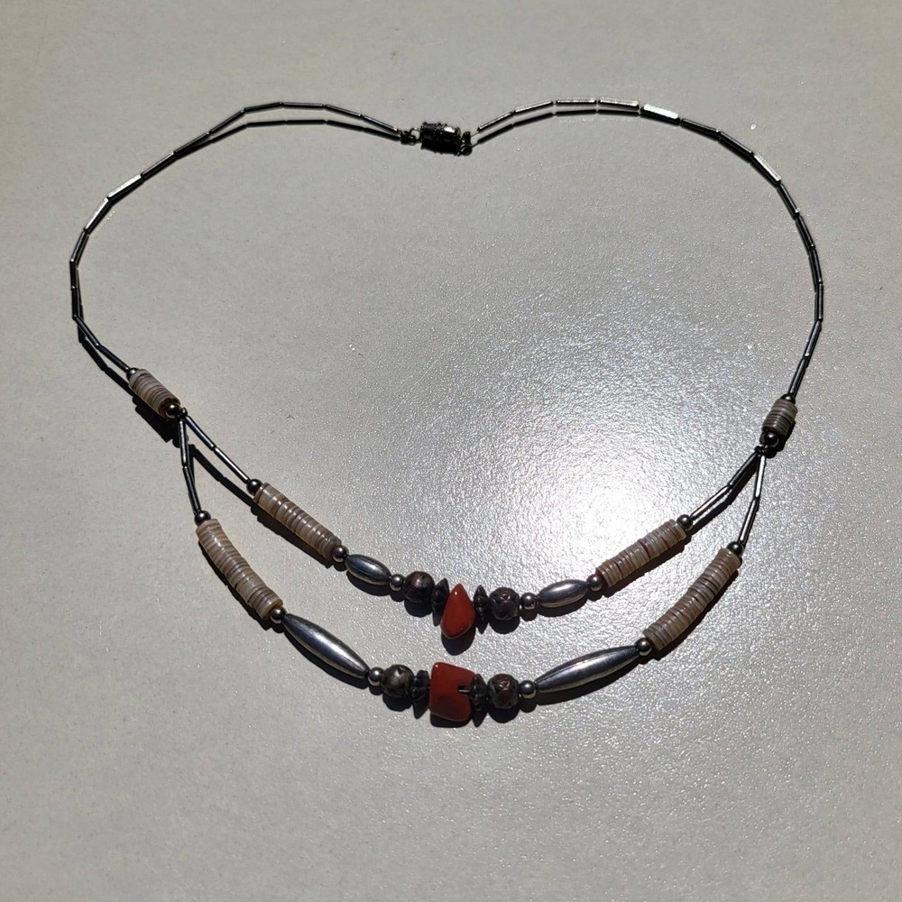 925 Sterling Silver Necklace Red Jasper Heishi Shell Liquid Silver Double Str